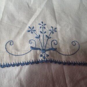 Mystery Vintage Off-White Cotton Window Shade w/Blue Embroidered Flowers & Trim